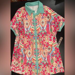 Vibrant Multicolor Mini Dress with Aqua Trim